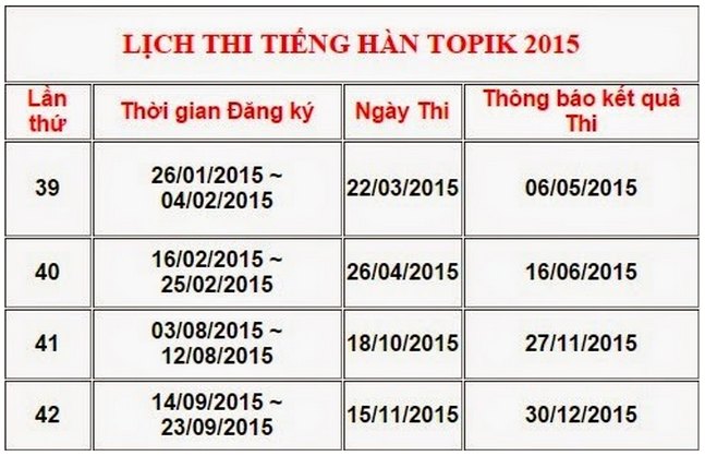 Lịch thi TOPIK 2015 Lịch thi TOPIK 2015